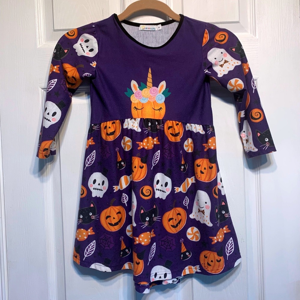 Sunshine Swing Halloween Dress 4 Purple Pumpkin Ghost Black Cat Long Sleeve Cute